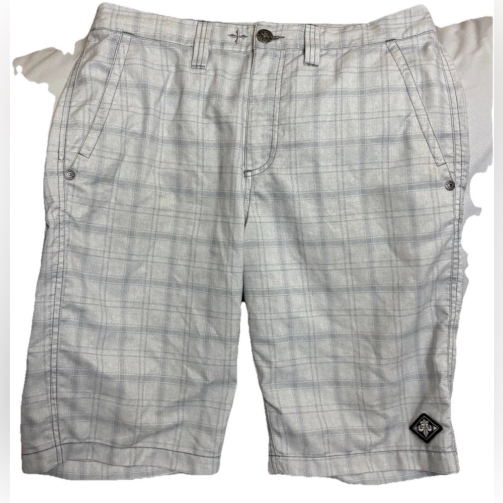 Affliction Shorts Mens 32 Gray Herringbone Embroidered Fleur-de-Lis Shield Cross